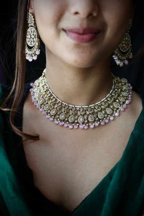 Trendy pink pearl short necklace with earrings and tikka TP345