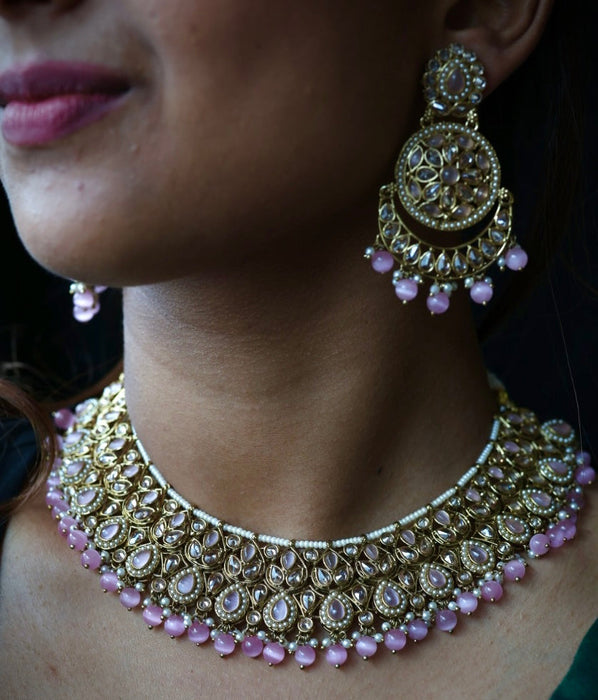 Trendy pink pearl short necklace with earrings and tikka TP345