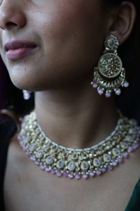 Trendy pink pearl short necklace with earrings and tikka TP345