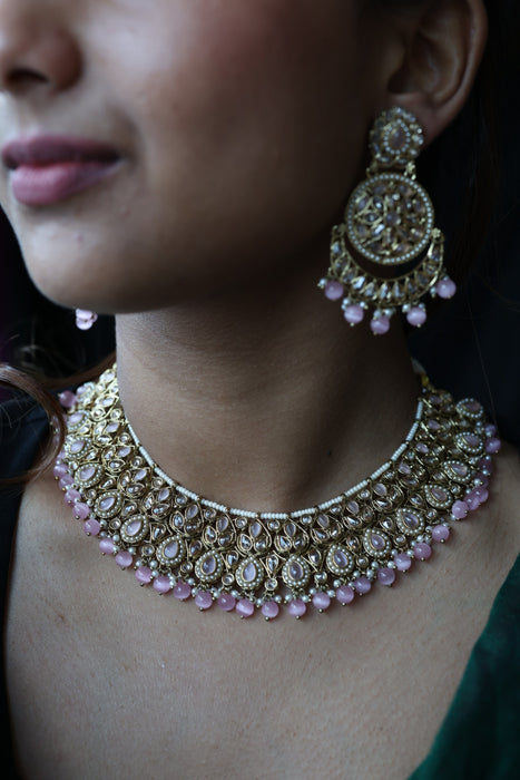 Trendy pink pearl short necklace with earrings and tikka TP345