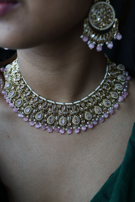 Trendy pink pearl short necklace with earrings and tikka TP345