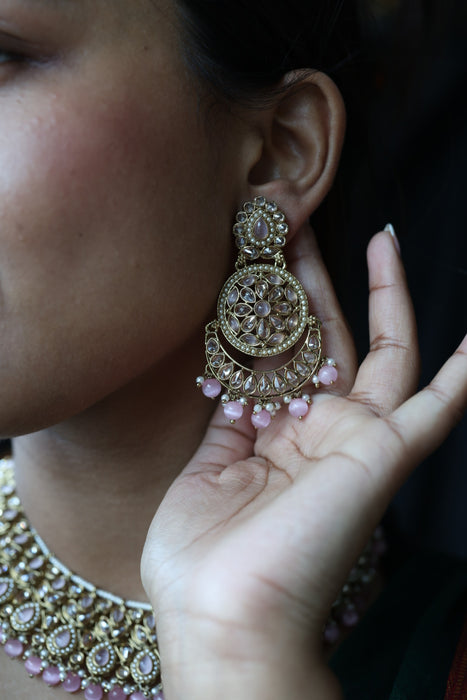 Trendy pink pearl short necklace with earrings and tikka TP345