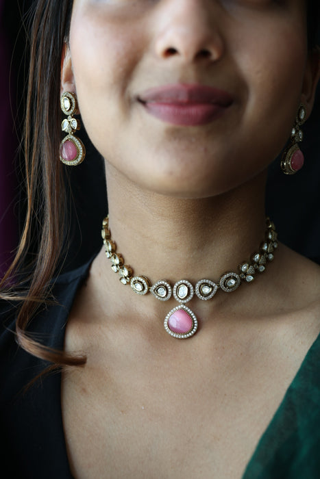 Trendy pink stone necklace with earrings and tikka TP308