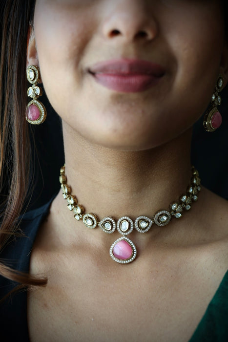 Trendy pink stone necklace with earrings and tikka TP308