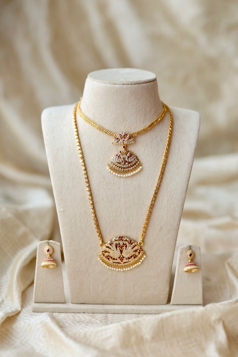 Heritage gold plated short and long padakam set necklace HPS123489