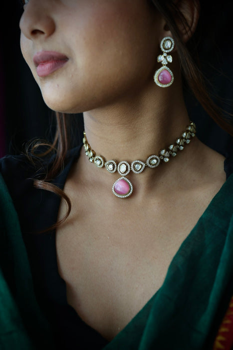 Trendy pink stone necklace with earrings and tikka TP308