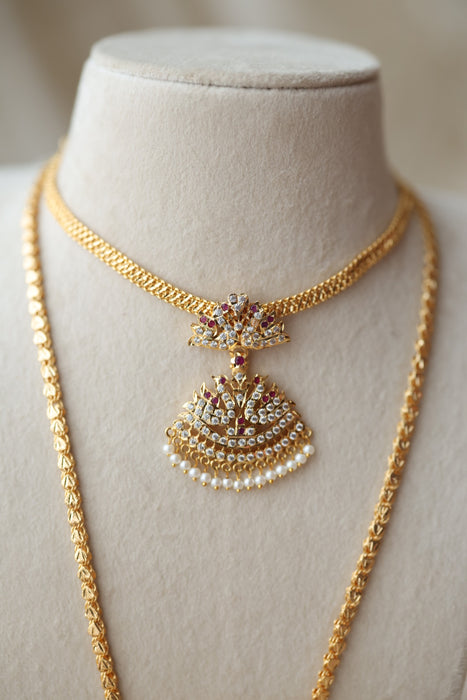 Heritage gold plated short and long padakam set necklace HPS123489