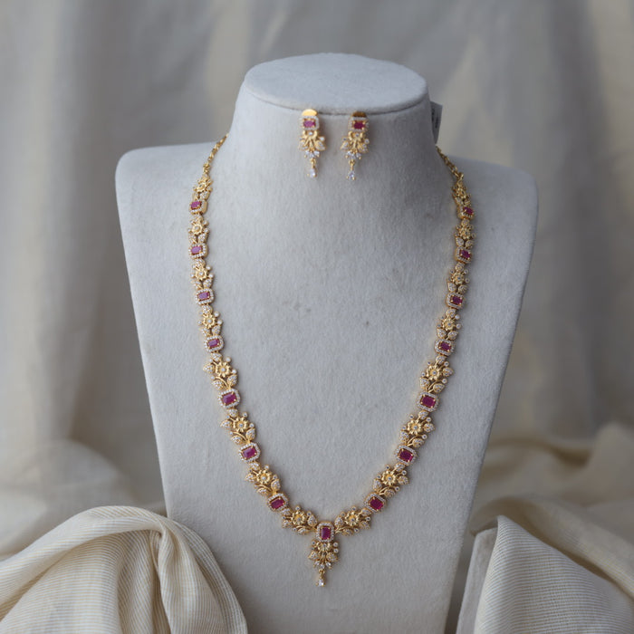 Heritage gold plated ruby white stone long necklace with earrings HL123