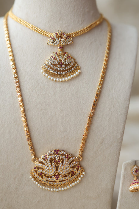 Heritage gold plated short and long padakam set necklace HPS123489