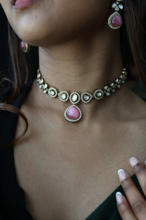 Trendy pink stone necklace with earrings and tikka TP308