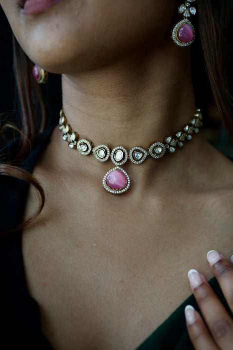Trendy pink stone necklace with earrings and tikka TP308