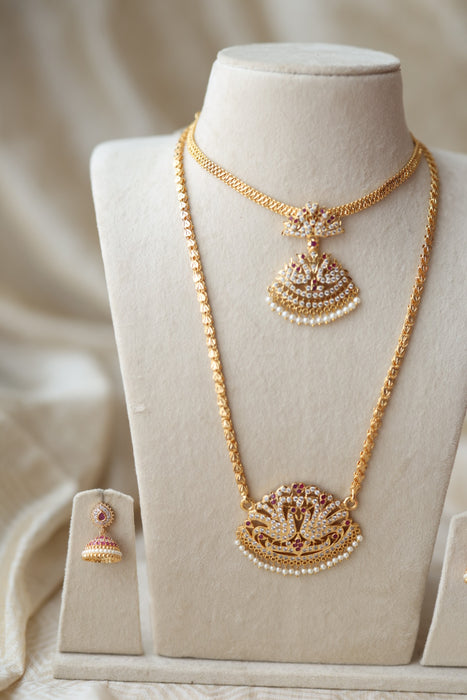 Heritage gold plated short and long padakam set necklace HPS123489