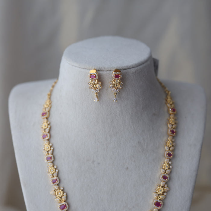 Heritage gold plated ruby white stone long necklace with earrings HL123