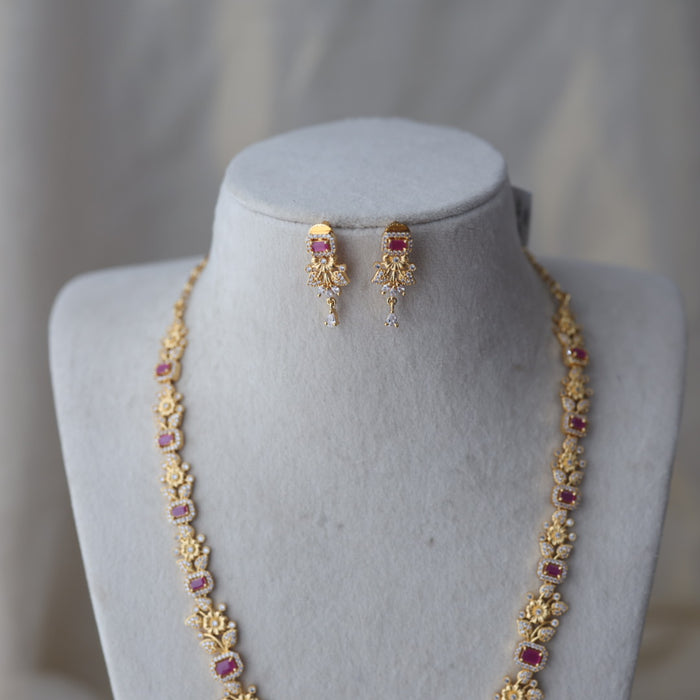 Heritage gold plated ruby white stone long necklace with earrings HL123