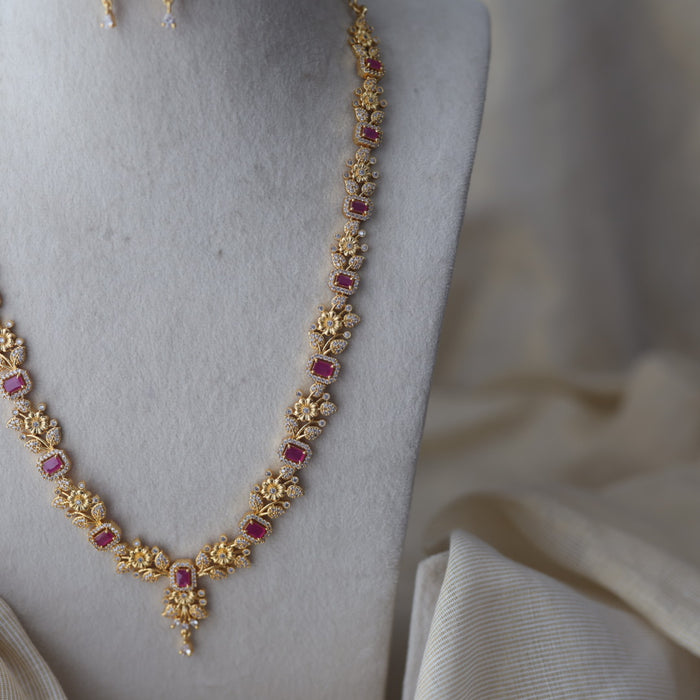 Heritage gold plated ruby white stone long necklace with earrings HL123