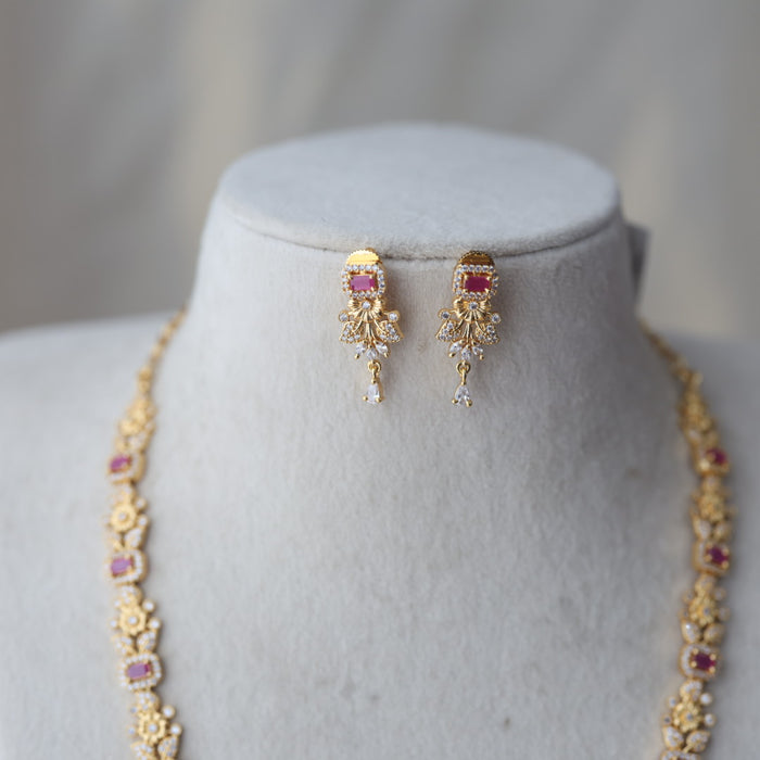Heritage gold plated ruby white stone long necklace with earrings HL123