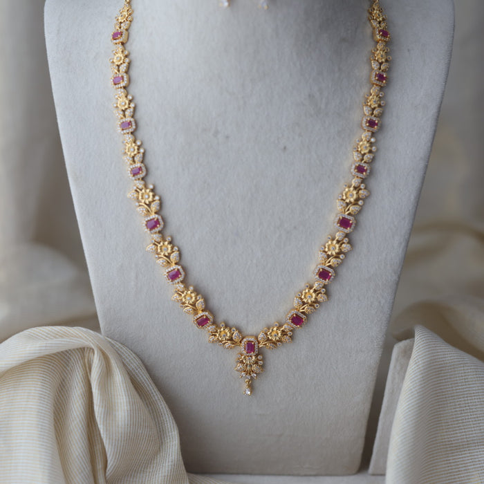 Heritage gold plated ruby white stone long necklace with earrings HL123