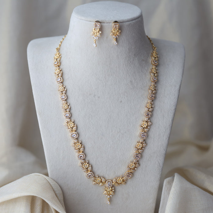 Heritage gold plated white stone long necklace with earrings HL1233