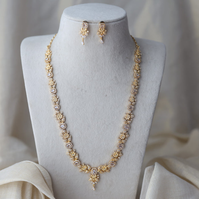 Heritage gold plated white stone long necklace with earrings HL1233
