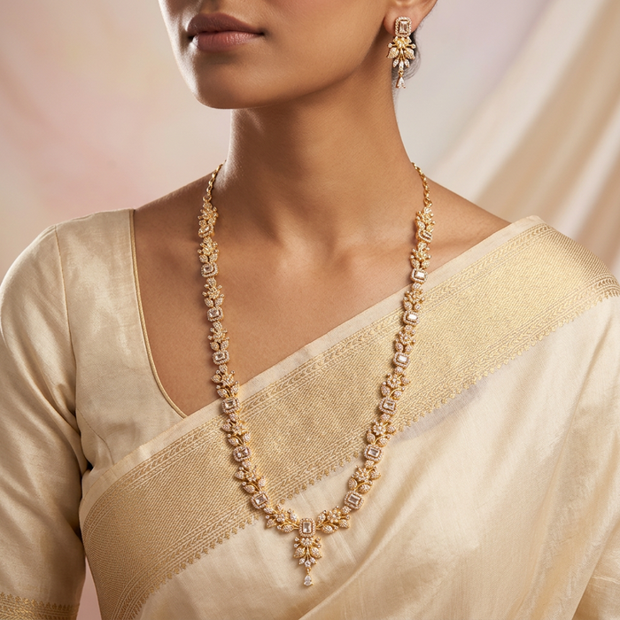 Heritage gold plated white stone long necklace with earrings HL1233