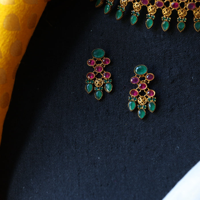 Antique ruby green stone choker necklace with earrings CCB1257