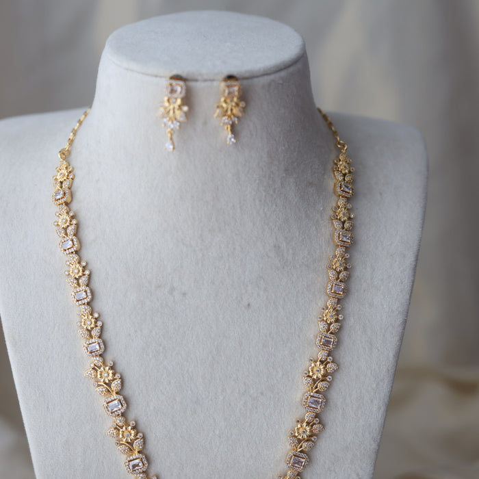 Heritage gold plated white stone long necklace with earrings HL1233