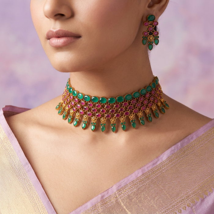 Antique ruby green stone choker necklace with earrings CCB1257