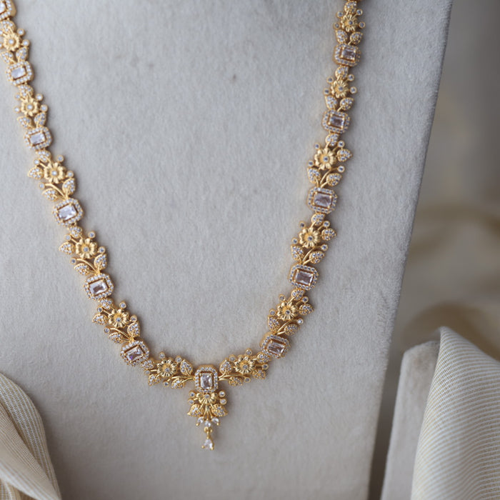 Heritage gold plated white stone long necklace with earrings HL1233