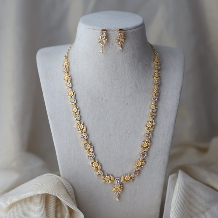 Heritage gold plated white stone long necklace with earrings HL1233