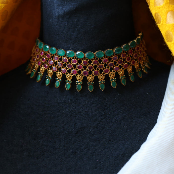 Antique ruby green stone choker necklace with earrings CCB1257