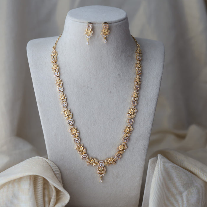 Heritage gold plated white stone long necklace with earrings HL1233