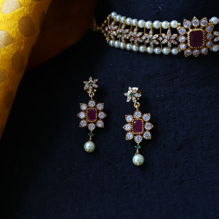 Antique ruby white stone choker short necklace with earrings CCB1897