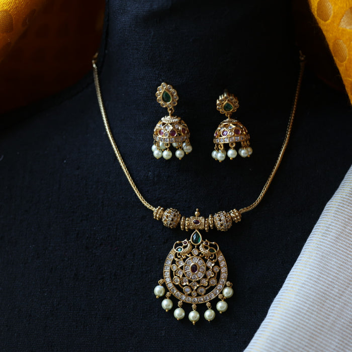 Antique green stone short necklace with earrings TTS3453
