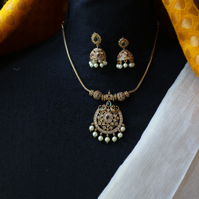 Antique green stone short necklace with earrings TTS3453