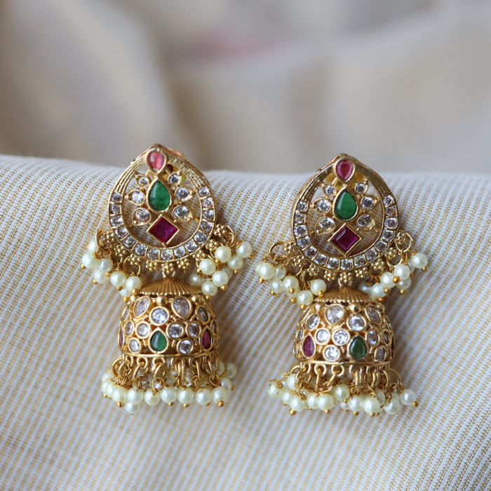 Antique ruby white green stone jumka earrings AJJ101