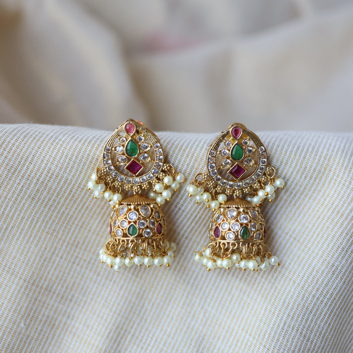 Antique ruby white green stone jumka earrings AJJ101