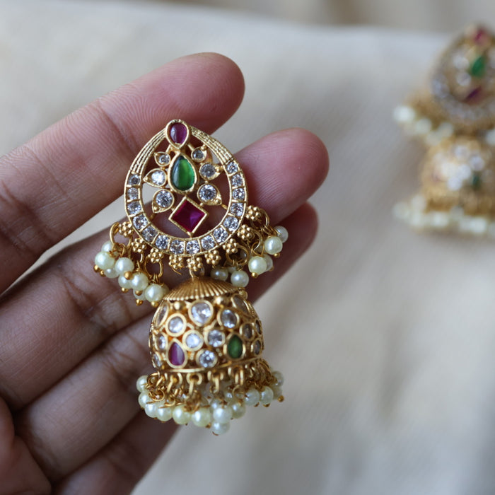 Antique ruby white green stone jumka earrings AJJ101