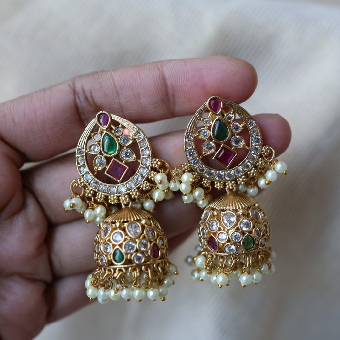 Antique ruby white green stone jumka earrings AJJ101