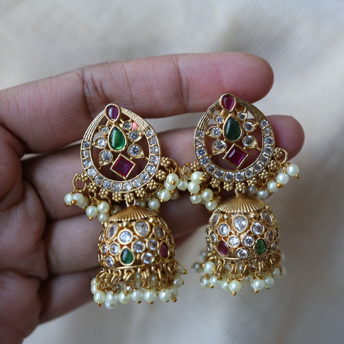 Antique ruby white green stone jumka earrings AJJ101