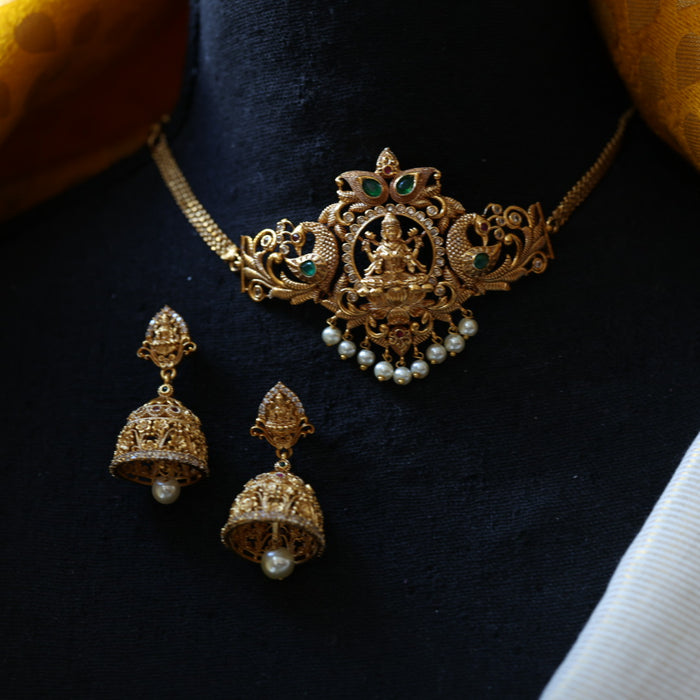 Antique temple design choker necklace with earrings CCB34