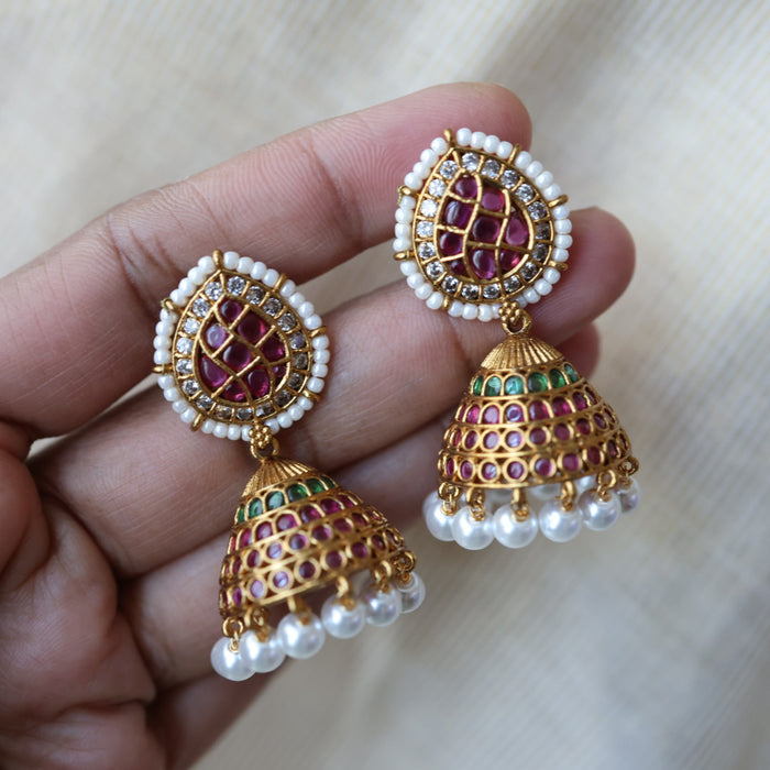 Antique ruby white stone jumka earrings AJJ134