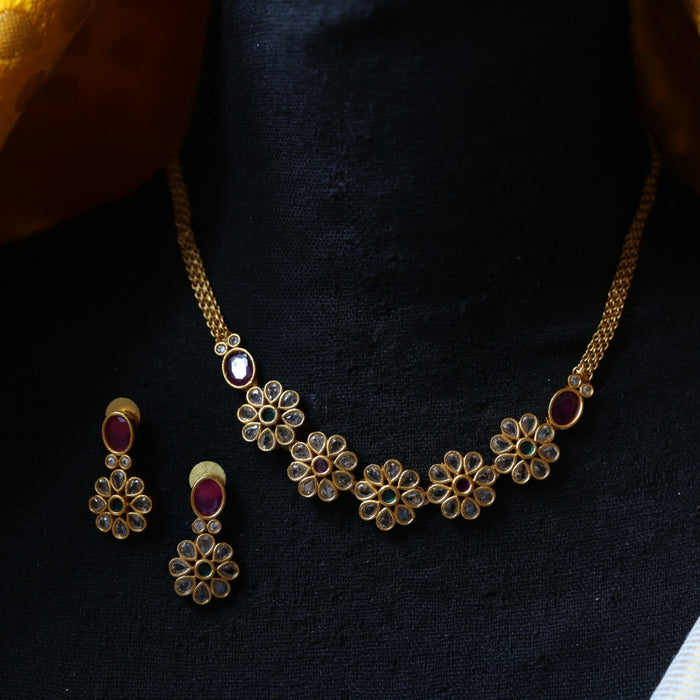 Antique ruby green stone choker necklace with earrings CCB104