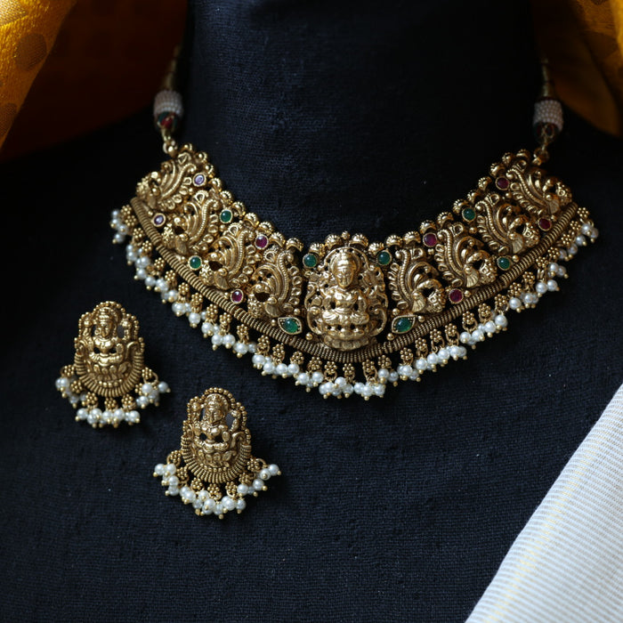 Antique gold temple design choker necklace and earrings CCB11456