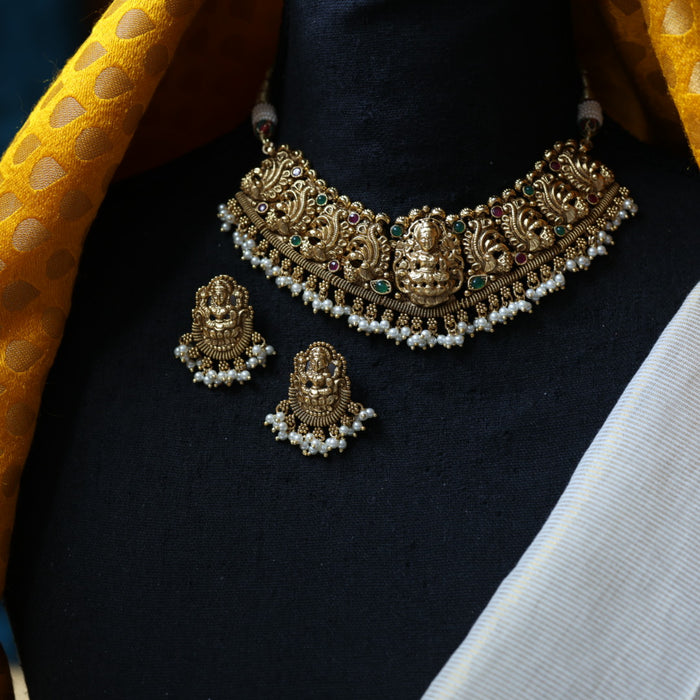 Antique gold temple design choker necklace and earrings CCB11456
