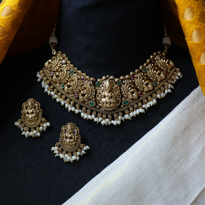 Antique gold temple design choker necklace and earrings CCB11456