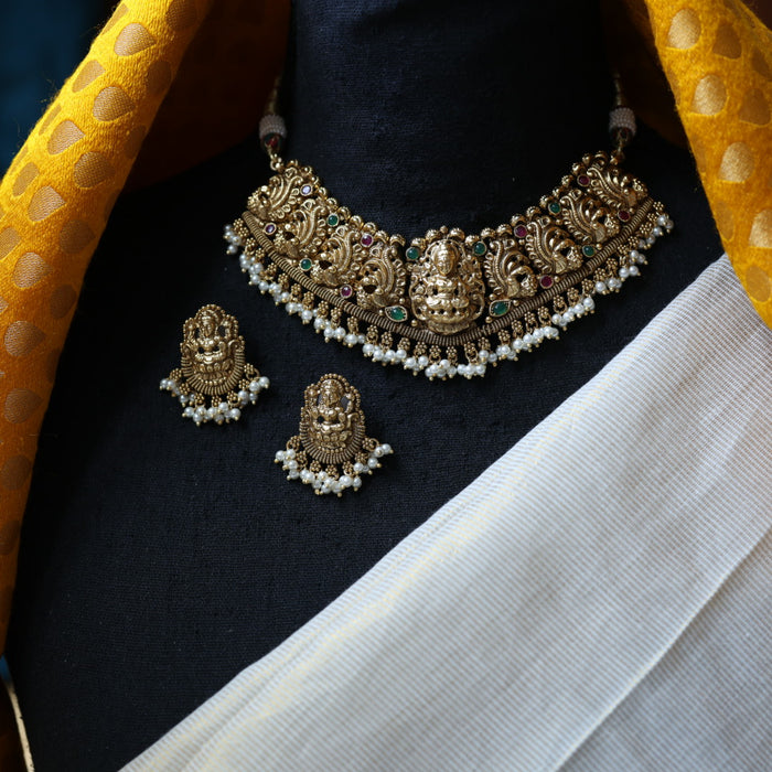 Antique gold temple design choker necklace and earrings CCB11456