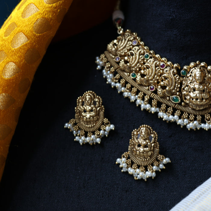 Antique gold temple design choker necklace and earrings CCB11456