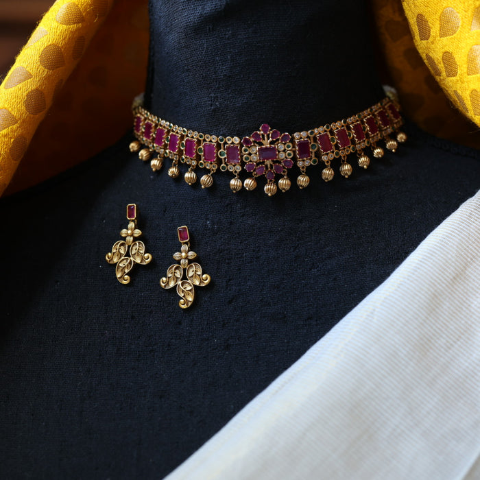 Antique ruby green choker necklace and earrings CCB11213