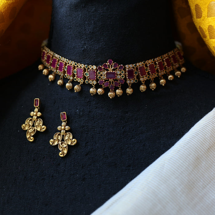 Antique ruby green choker necklace and earrings CCB11213