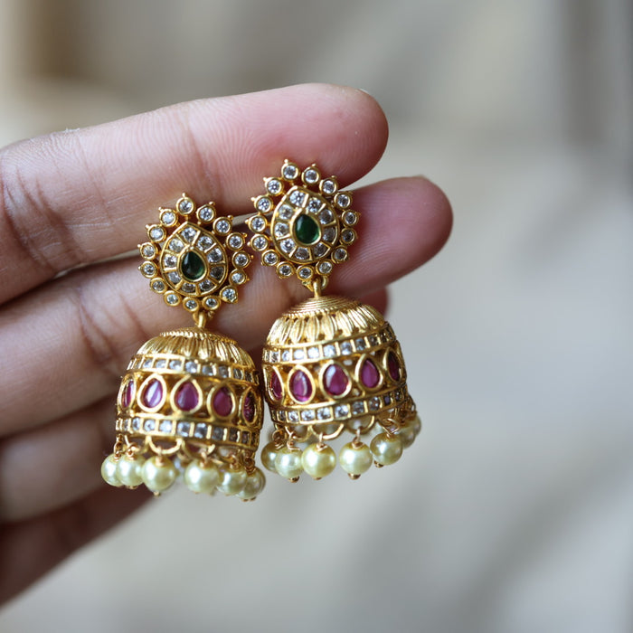 Antique ruby green stone jumka earrings  AJJ292